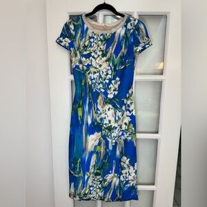 Cesar Galindo Blue & White Watercolor Floral Sheath Midi Dress Size XS